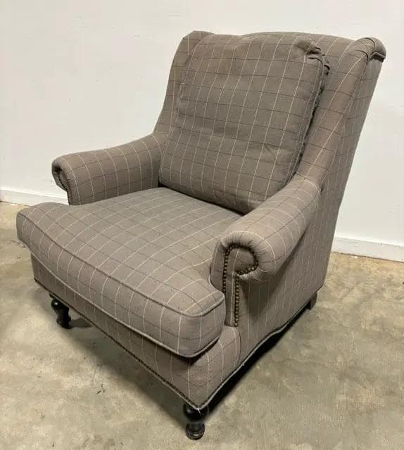 Grey Plaid Wingback Chair with Ottoman - Thumbnail 2