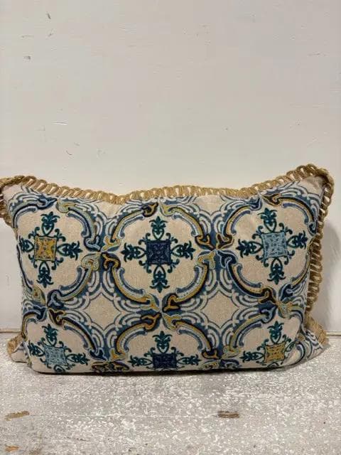 Blue And Gold Medallion Lumbar Down Pillow With Fringe