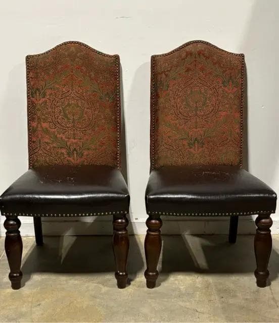 Set Of 2 Brocade Back And Leather Seat Dining Chairs AS IS