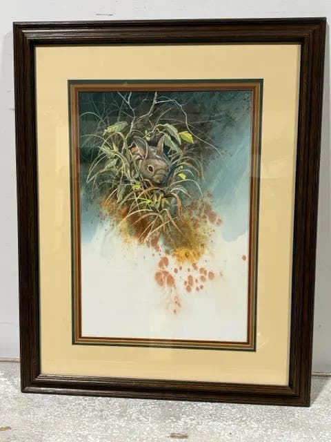Rabbit in Foliage sign by Robert Carver in Oak Frame
