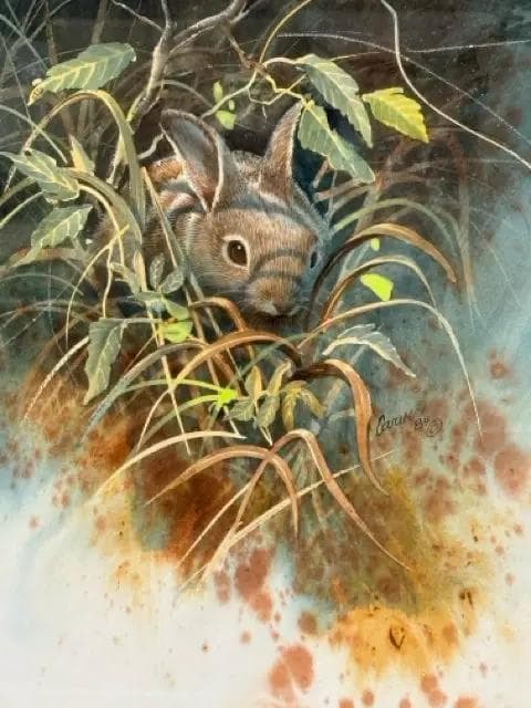 Rabbit in Foliage sign by Robert Carver in Oak Frame - Thumbnail 2