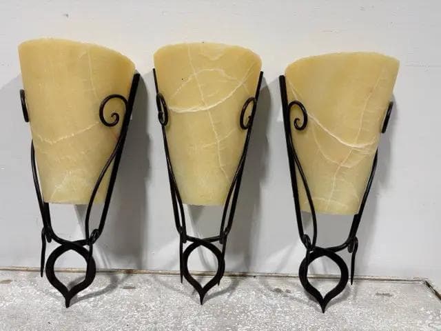 Set Of 3 Iron And Soap Stone Conical Sconces