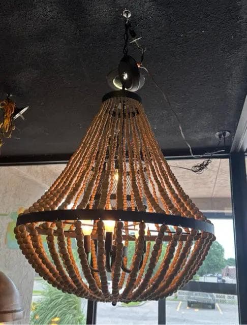 Wooden Beaded And Black Metal 5 Light Chandelier
