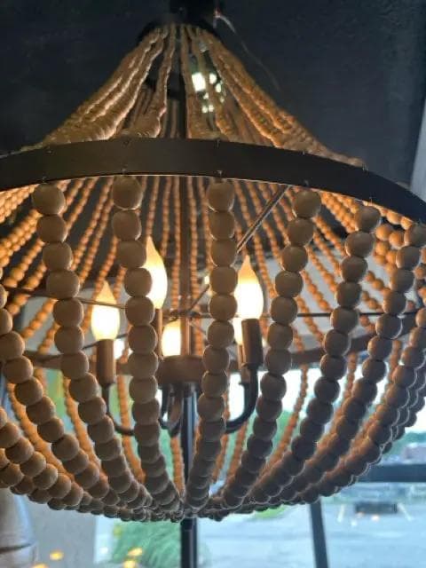Wooden Beaded And Black Metal 5 Light Chandelier - Thumbnail 2