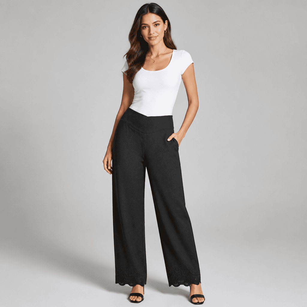 Black Wide-Leg Pants with Scalloped Hem Detail