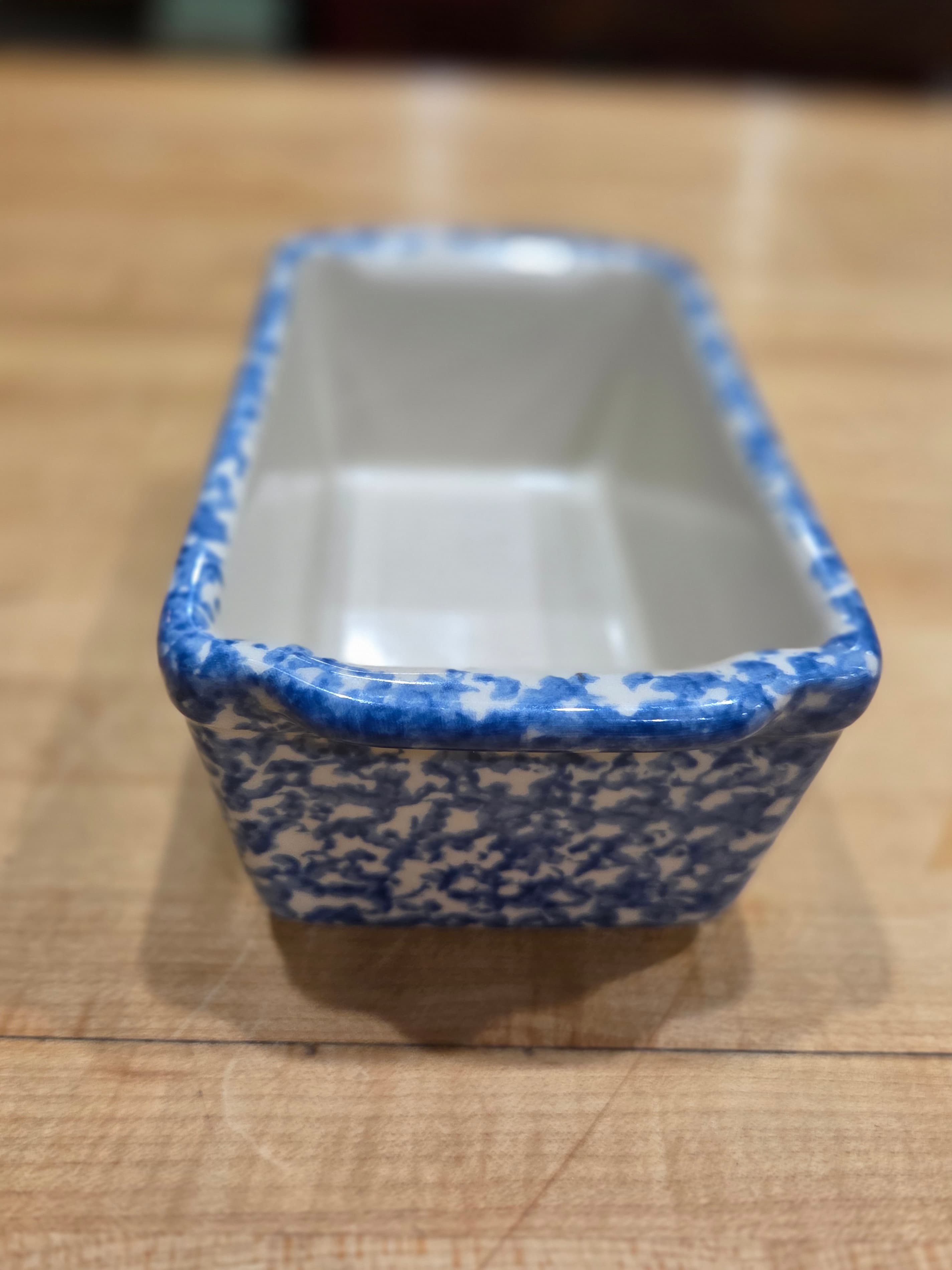 Vintage Blue Cobalt Spongeware Ceramic Mini Loaf Pan Baking Dish - Thumbnail 3