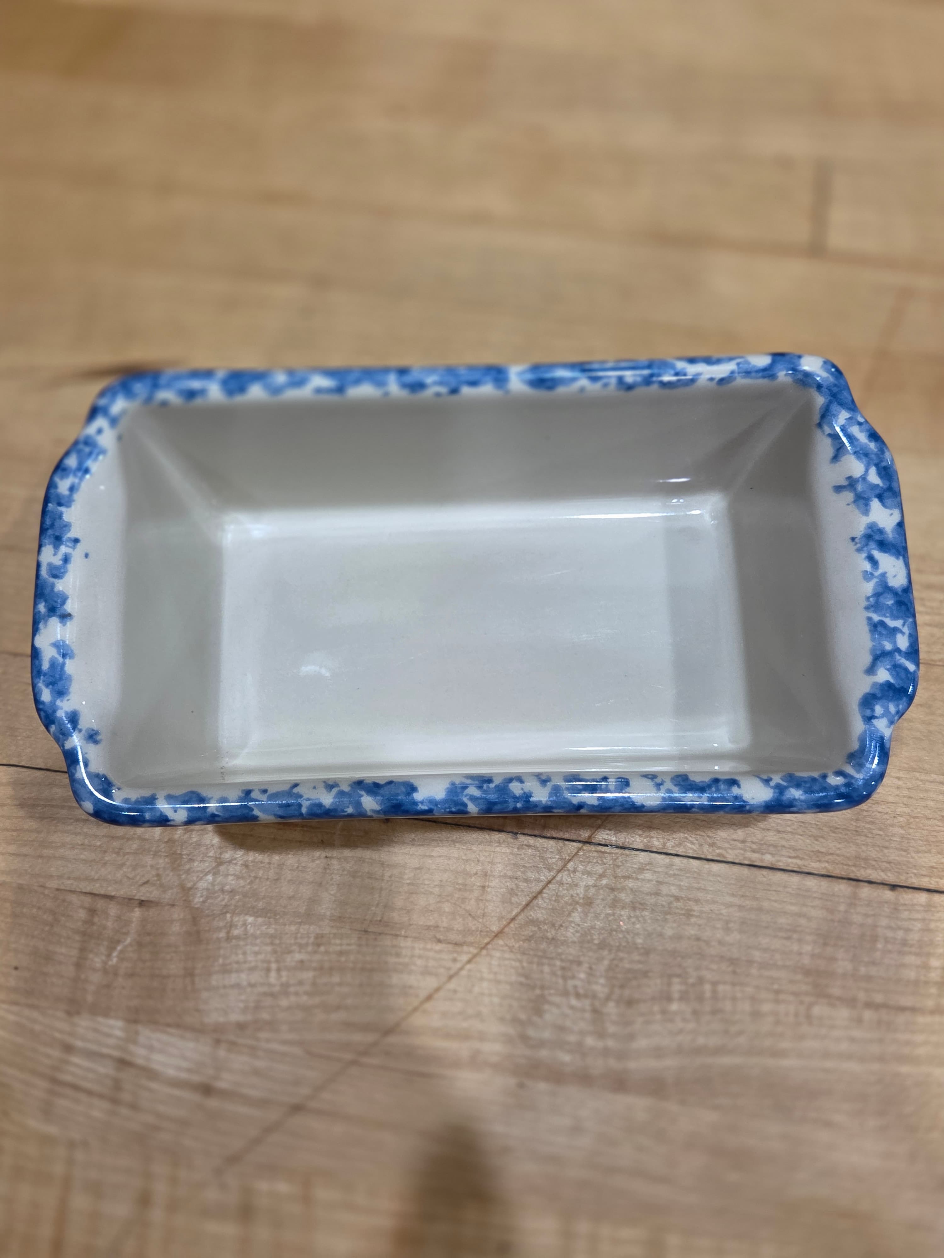 Vintage Blue Cobalt Spongeware Ceramic Mini Loaf Pan Baking Dish - Thumbnail 4