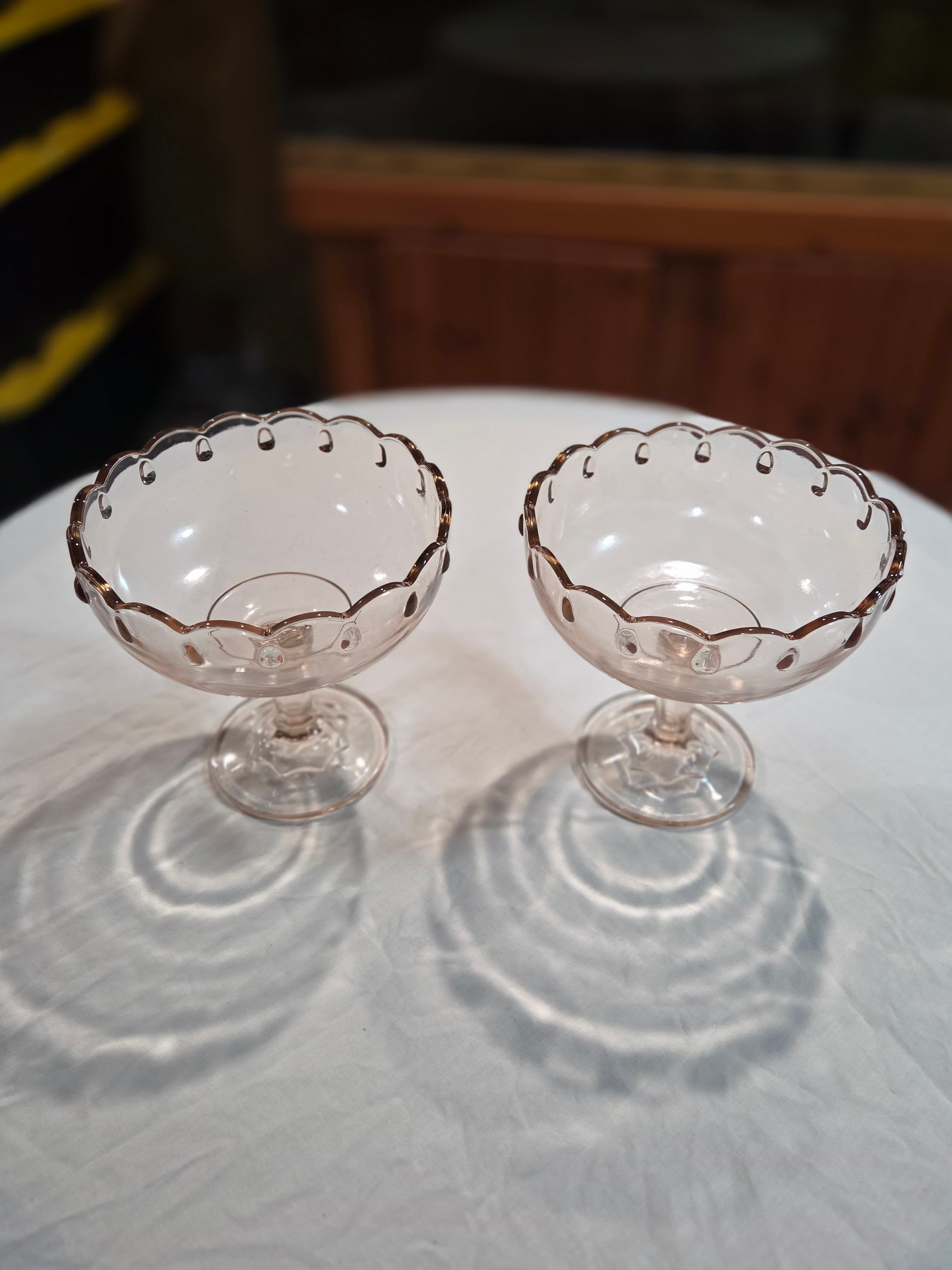 Vintage Indiana Glass Teardrop Pink Satin Pedestal Compote Bowl Pair