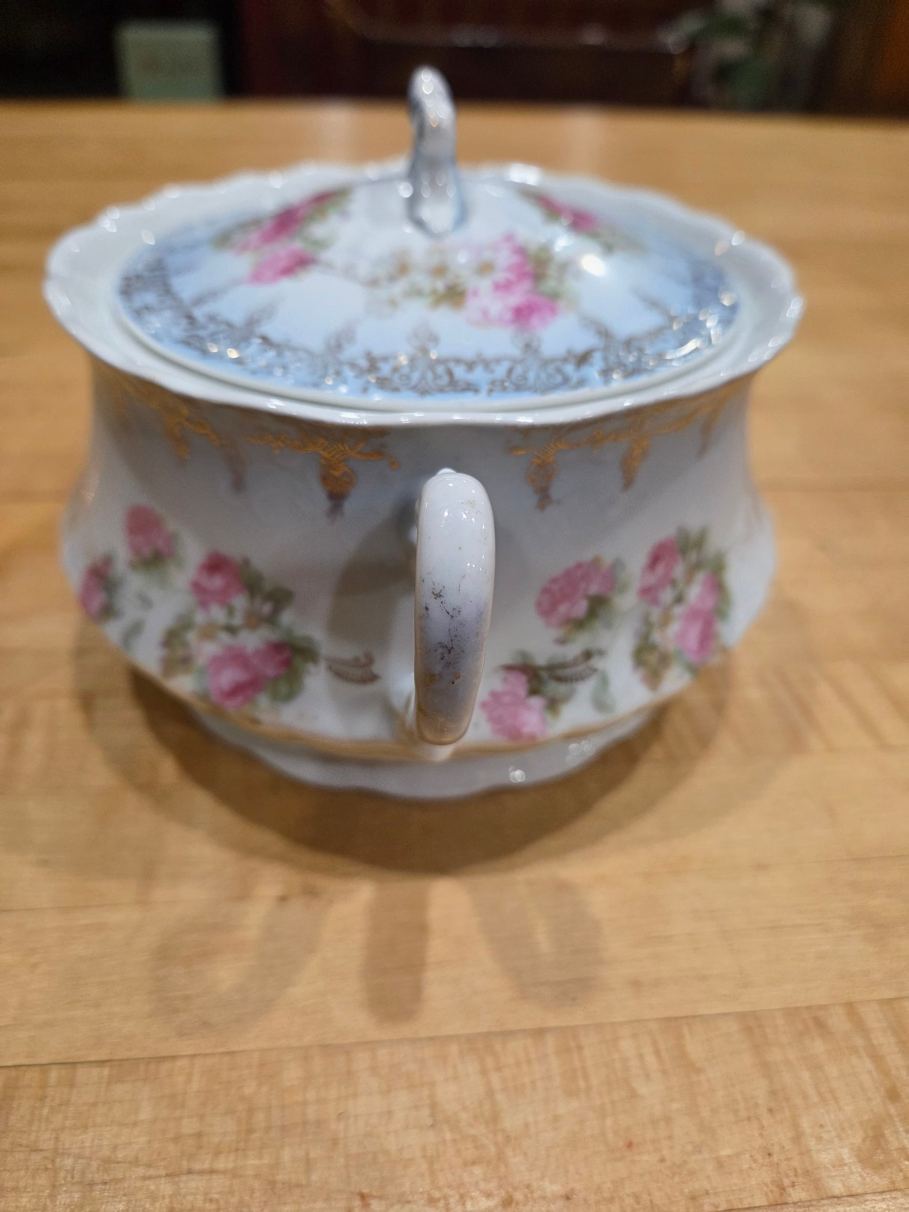 Vintage Elbogen Austria Springer Co Porcelain Floral Covered Sugar Bowl - Thumbnail 2