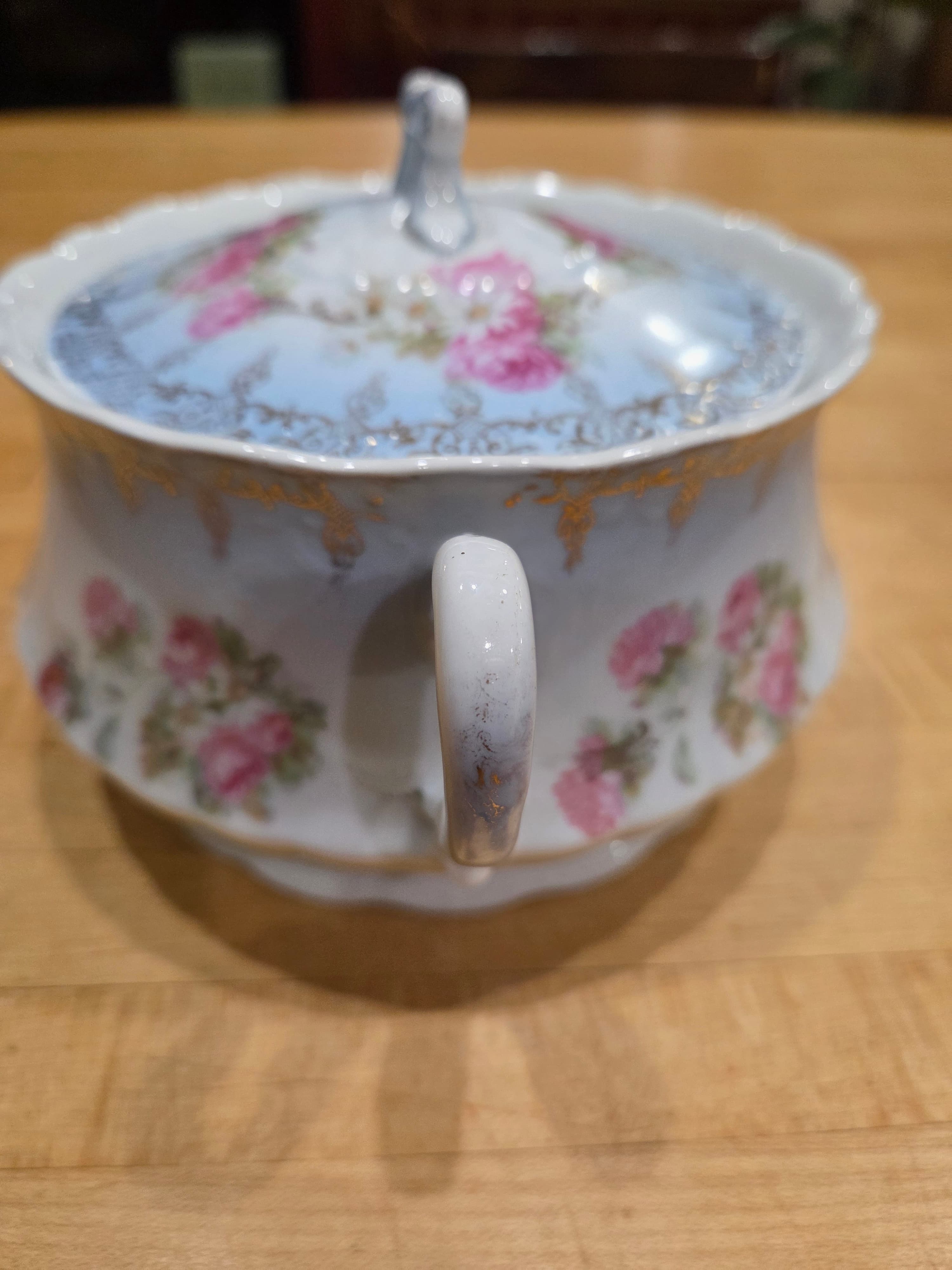 Vintage Elbogen Austria Springer Co Porcelain Floral Covered Sugar Bowl - Thumbnail 3