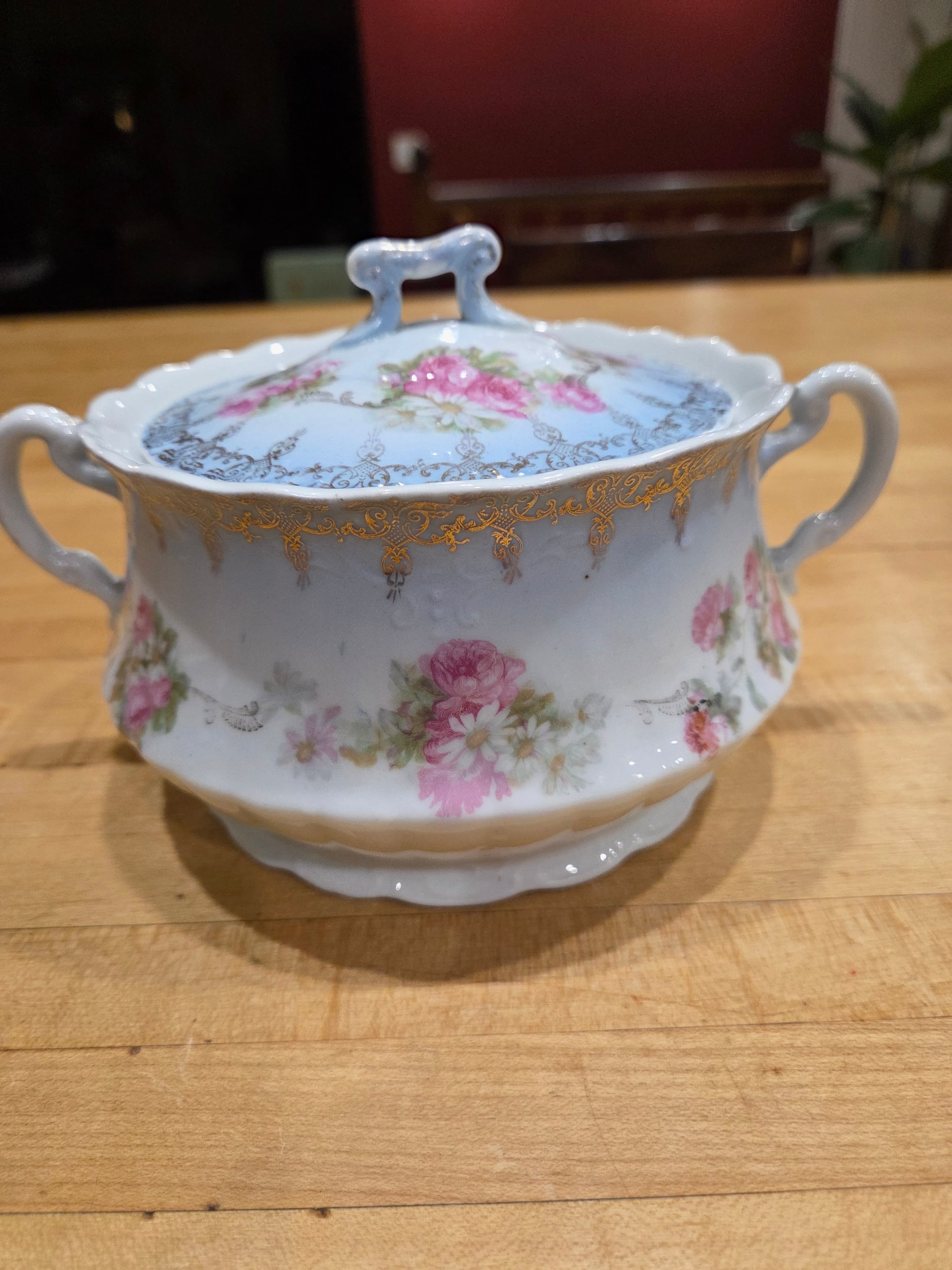 Vintage Elbogen Austria Springer Co Porcelain Floral Covered Sugar Bowl