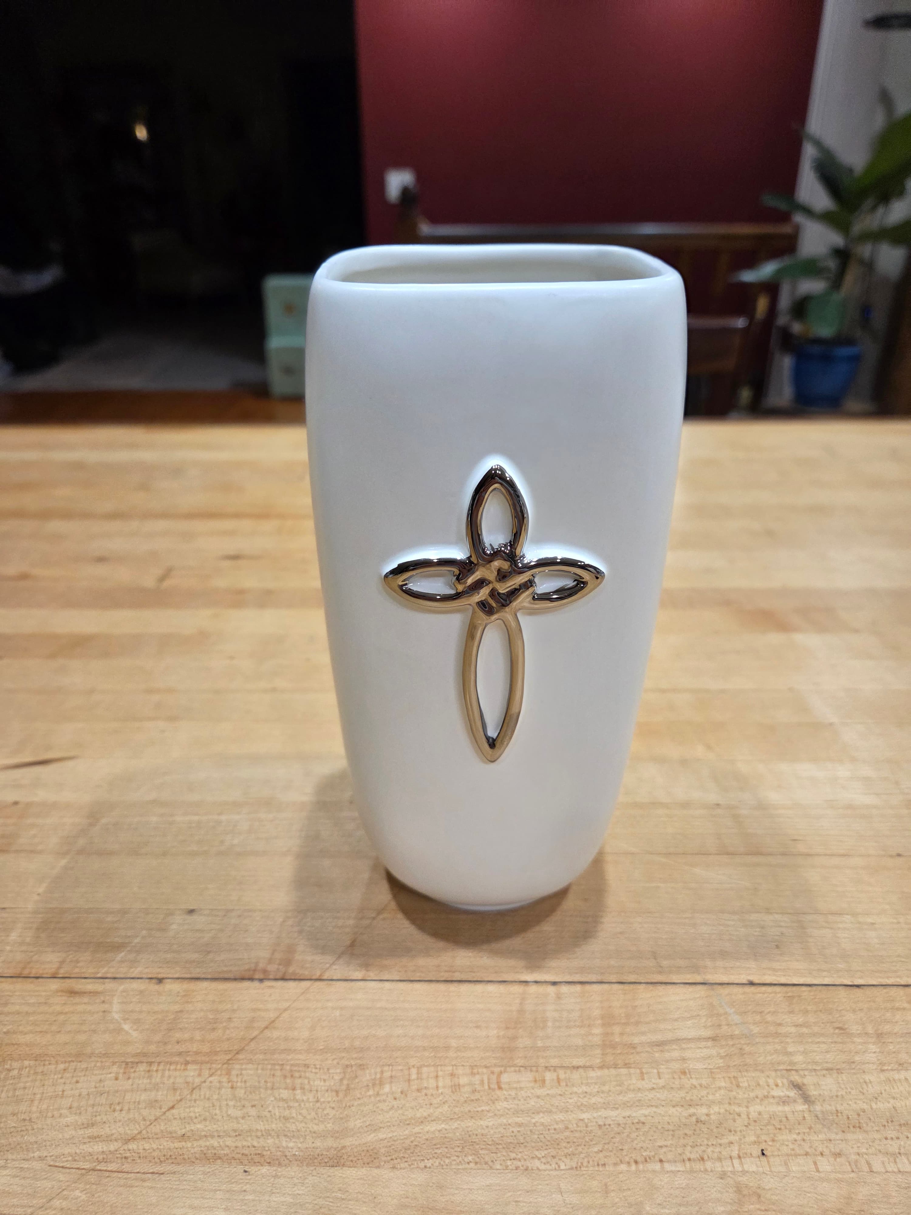 Vintage FTD Faithful Blessings White Ceramic Silver Cross Flower Vase