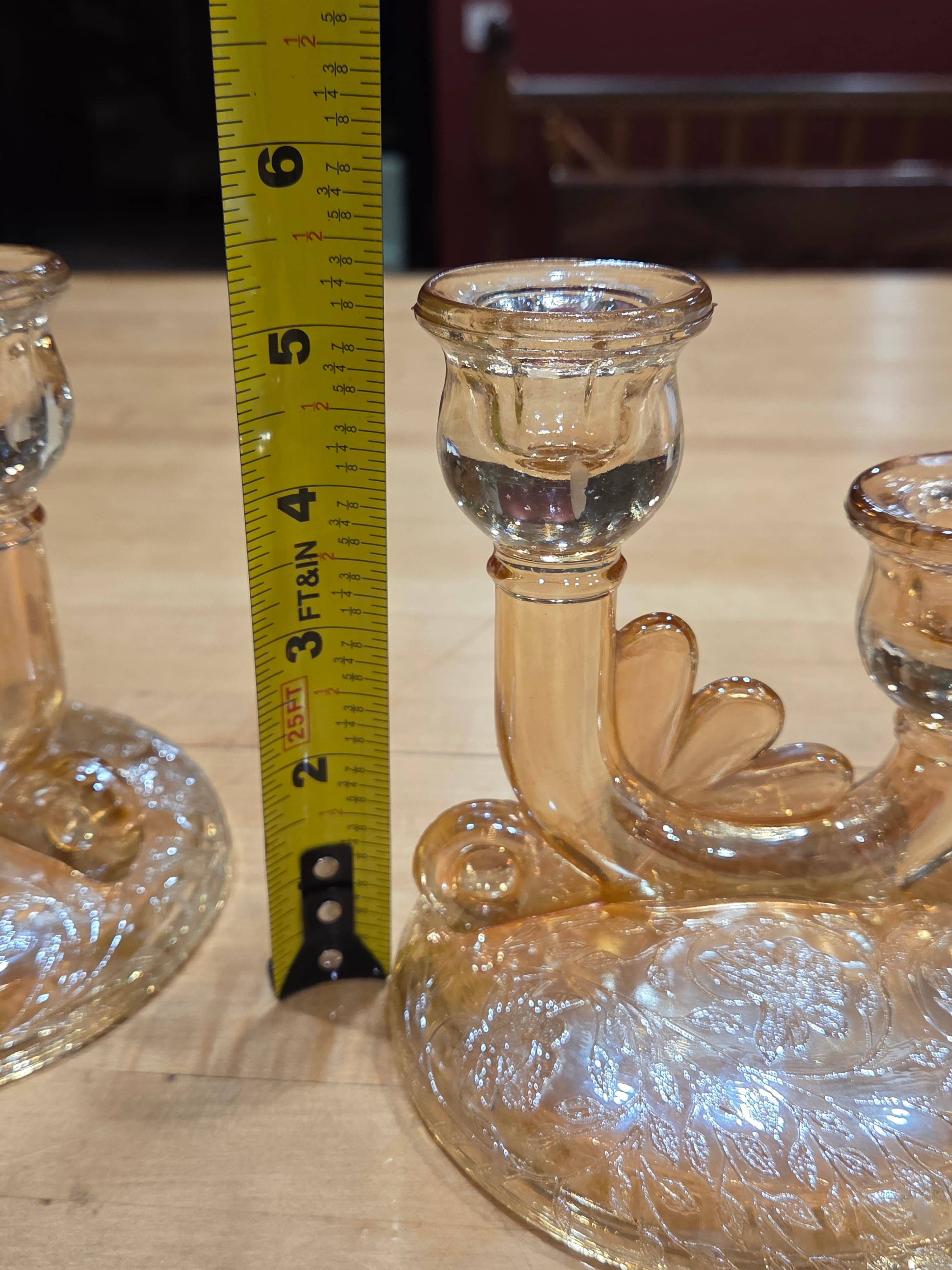 Vintage Jeannette Floragold Marigold Carnival Double Candlestick Pair - Thumbnail 4