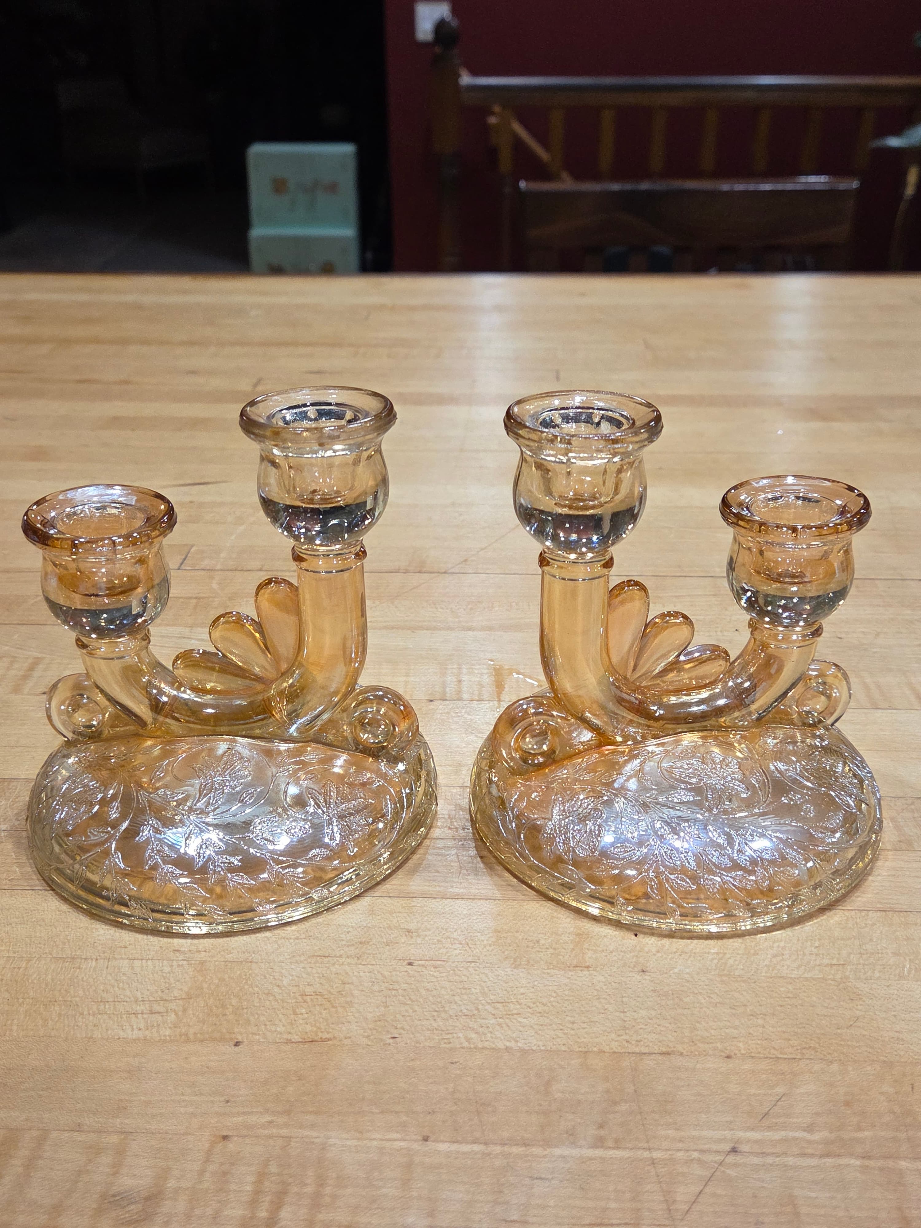 Vintage Jeannette Floragold Marigold Carnival Double Candlestick Pair