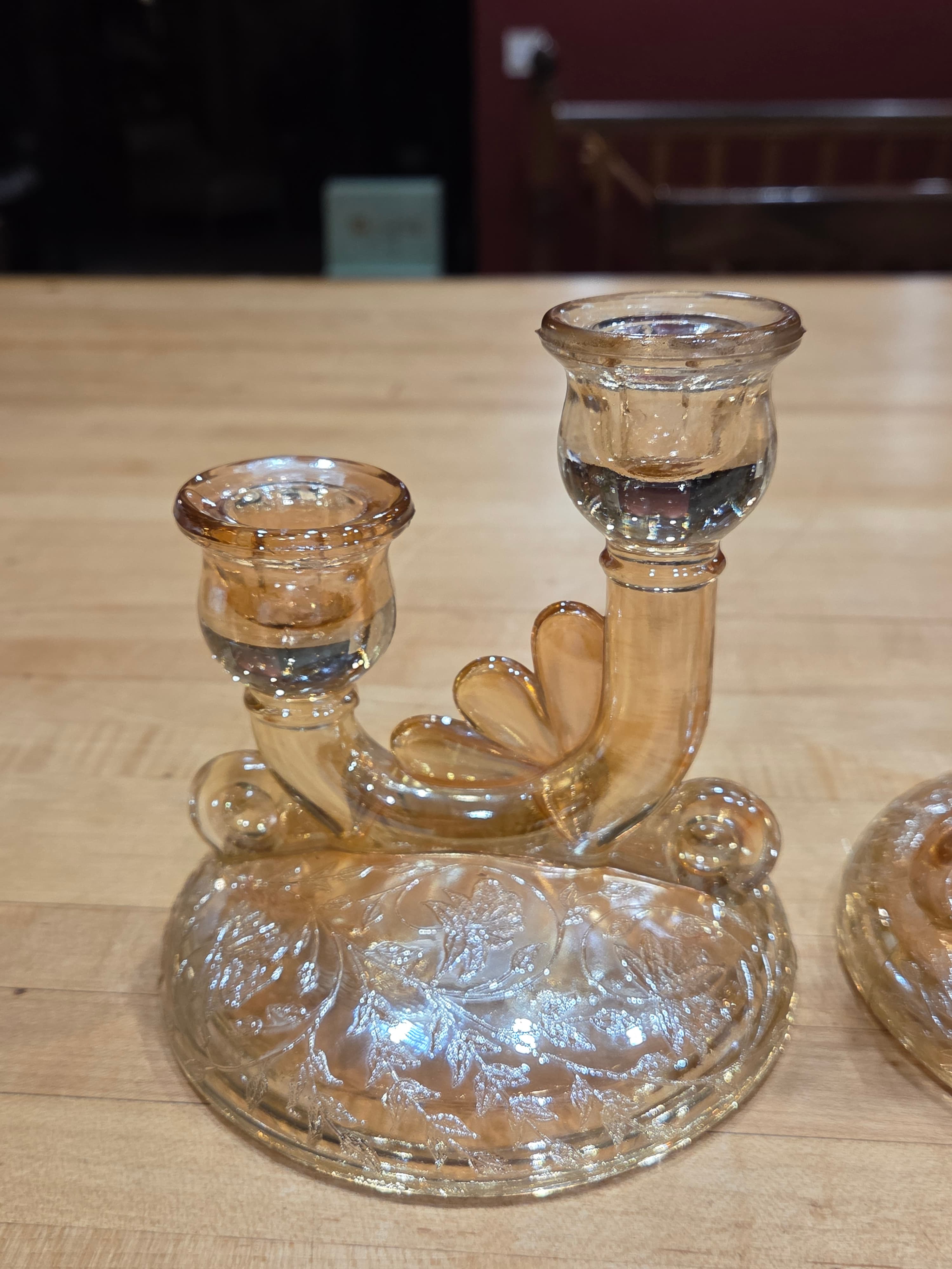 Vintage Jeannette Floragold Marigold Carnival Double Candlestick Pair - Thumbnail 3