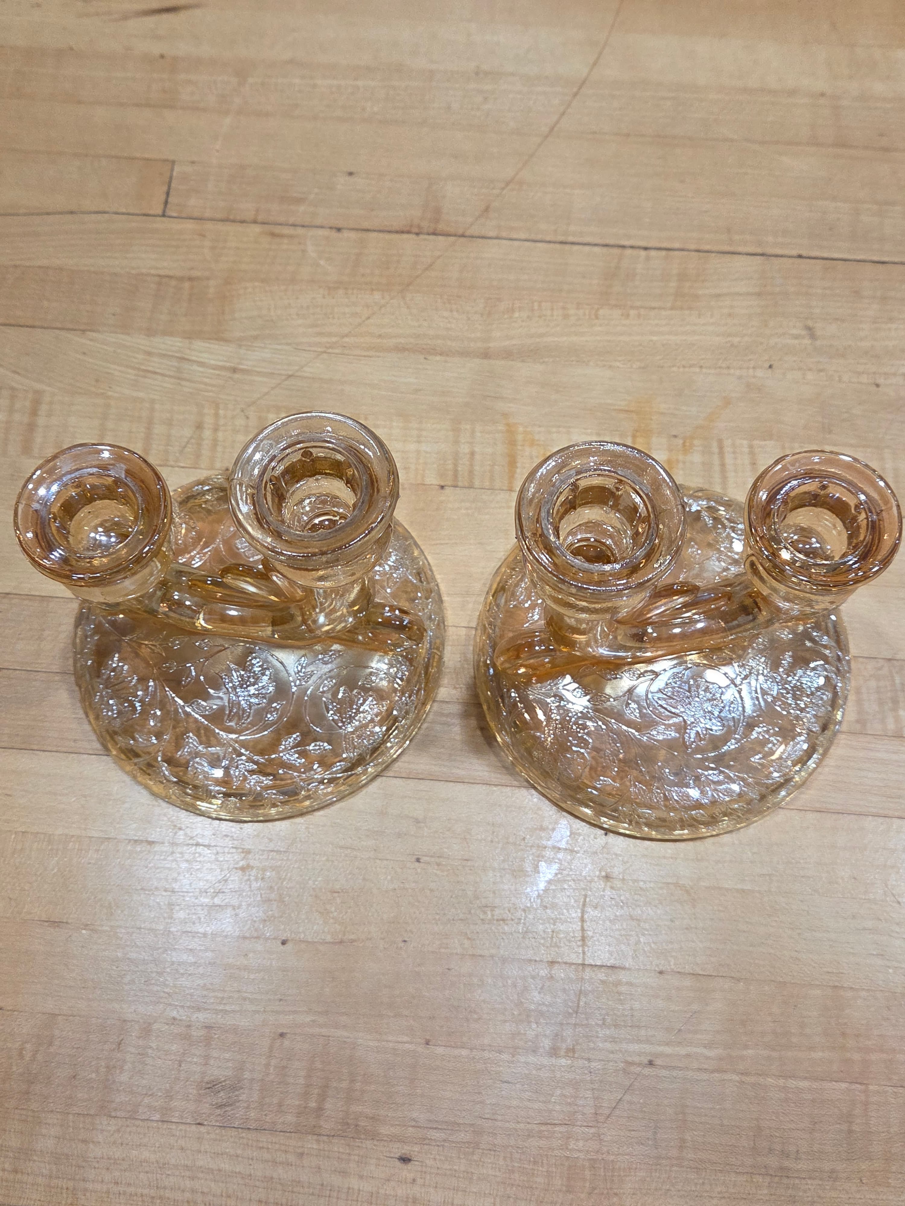 Vintage Jeannette Floragold Marigold Carnival Double Candlestick Pair - Thumbnail 2