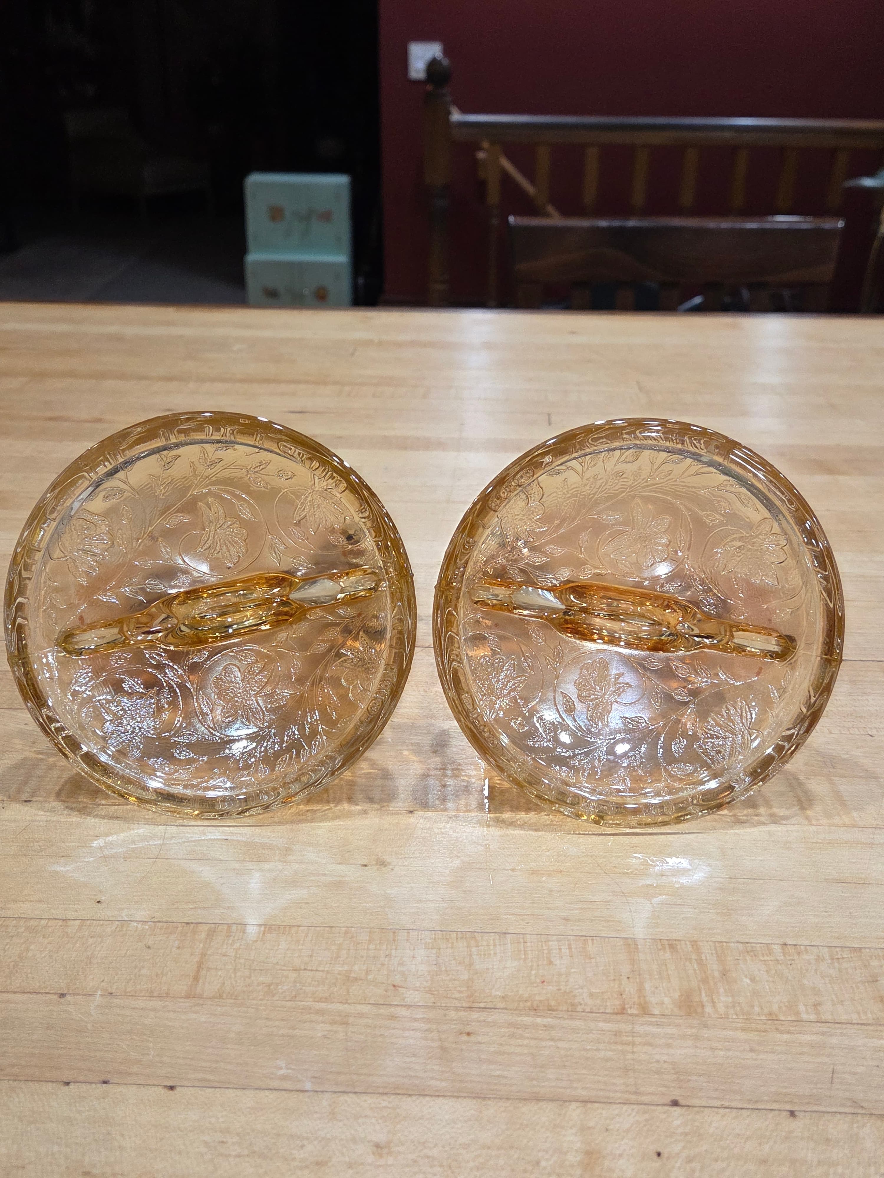 Vintage Jeannette Floragold Marigold Carnival Double Candlestick Pair - Thumbnail 7
