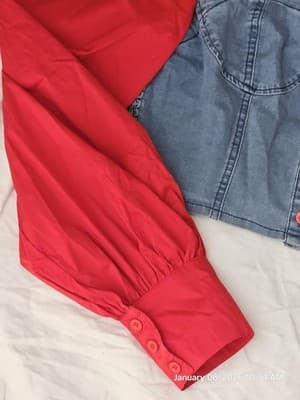 DENIMLAND Women's Red Denim Medium Blouse Button Down Crop Retro - Thumbnail 6