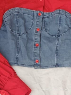 DENIMLAND Women's Red Denim Medium Blouse Button Down Crop Retro - Thumbnail 5