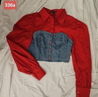 DENIMLAND Women's Red Denim Medium Blouse Button Down Crop Retro - Thumbnail 4