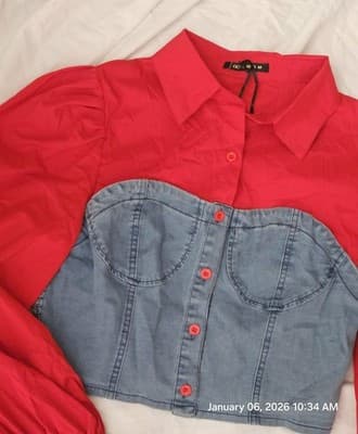 DENIMLAND Women's Red Denim Medium Blouse Button Down Crop Retro - Thumbnail 7