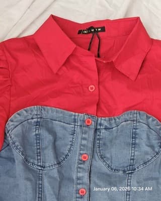 DENIMLAND Women's Red Denim Medium Blouse Button Down Crop Retro - Thumbnail 3
