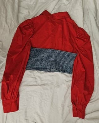DENIMLAND Women's Red Denim Medium Blouse Button Down Crop Retro - Thumbnail 8