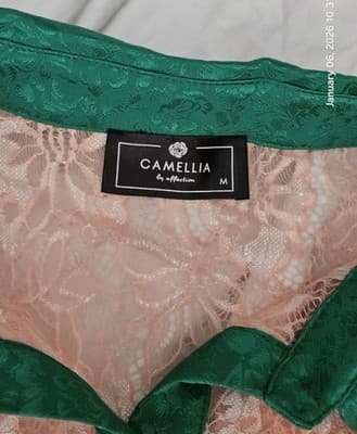 Camellia By Affection Women's Dress Shirt Medium pink green Button Down Lace - Thumbnail 5