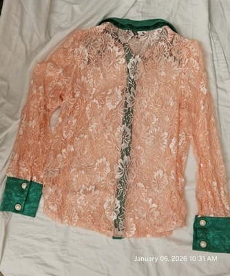 Camellia By Affection Women's Dress Shirt Medium pink green Button Down Lace - Thumbnail 6