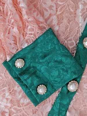 Camellia By Affection Women's Dress Shirt Medium pink green Button Down Lace - Thumbnail 2