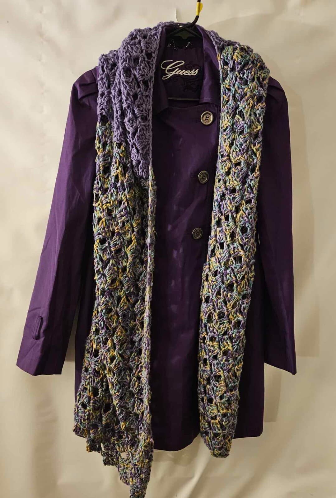 Guess Womens Medium Purple Long Double Breasted Canvas Pea Coat & Scarf - Thumbnail 2