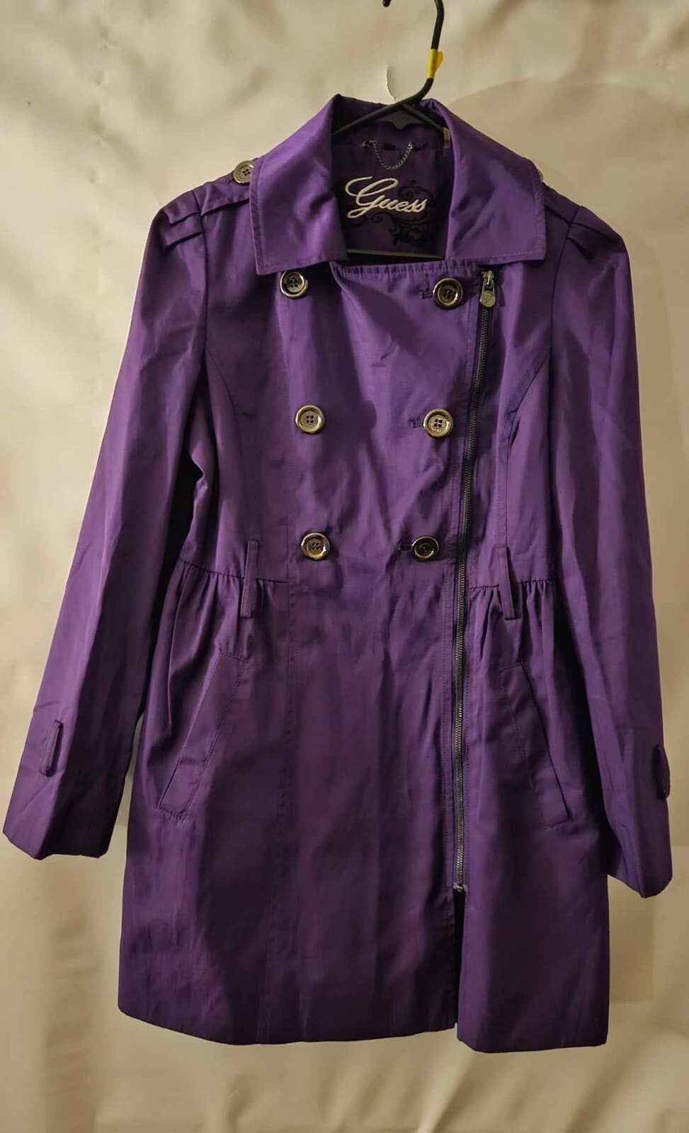 Guess Womens Medium Purple Long Double Breasted Canvas Pea Coat & Scarf - Thumbnail 3