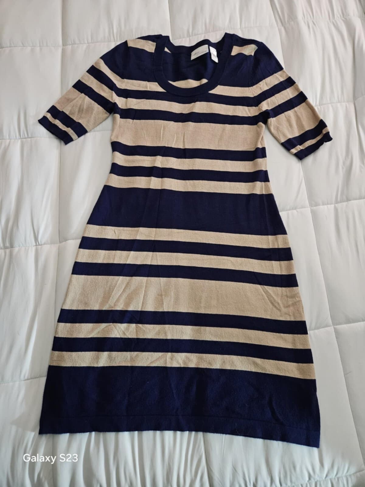 Allison Brittney Women's Short Sleeve Knit Striped Sweater Dress Medium Blue Tan - Thumbnail 12