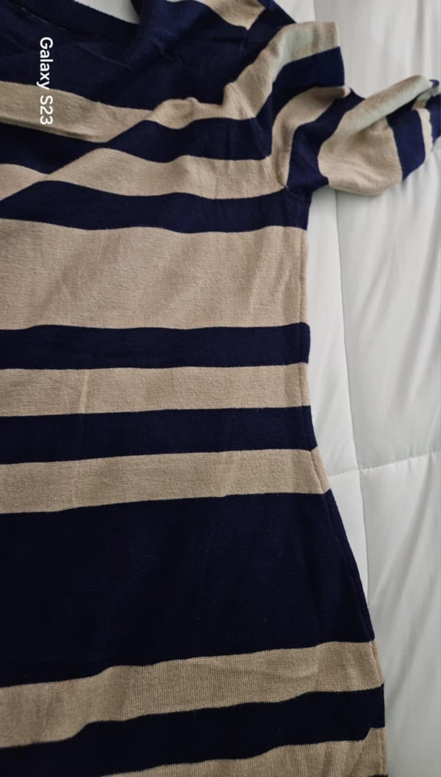 Allison Brittney Women's Short Sleeve Knit Striped Sweater Dress Medium Blue Tan - Thumbnail 2