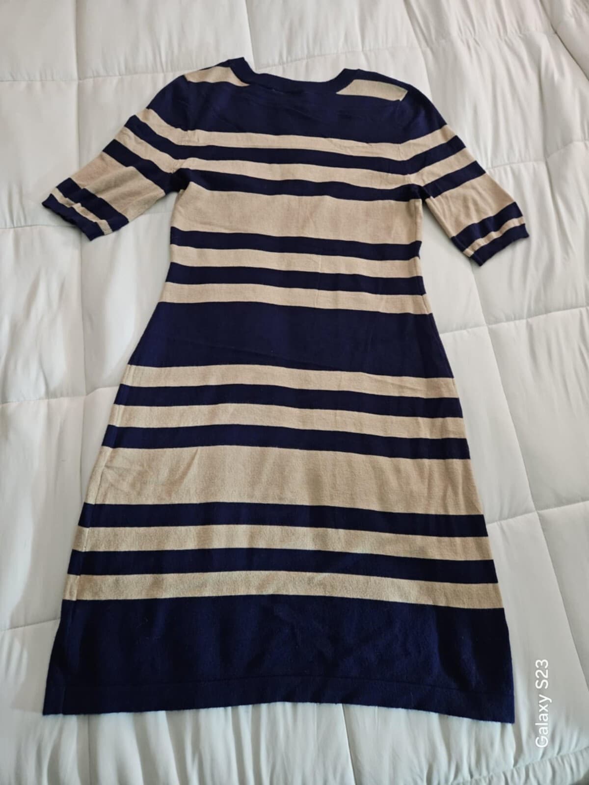 Allison Brittney Women's Short Sleeve Knit Striped Sweater Dress Medium Blue Tan - Thumbnail 7