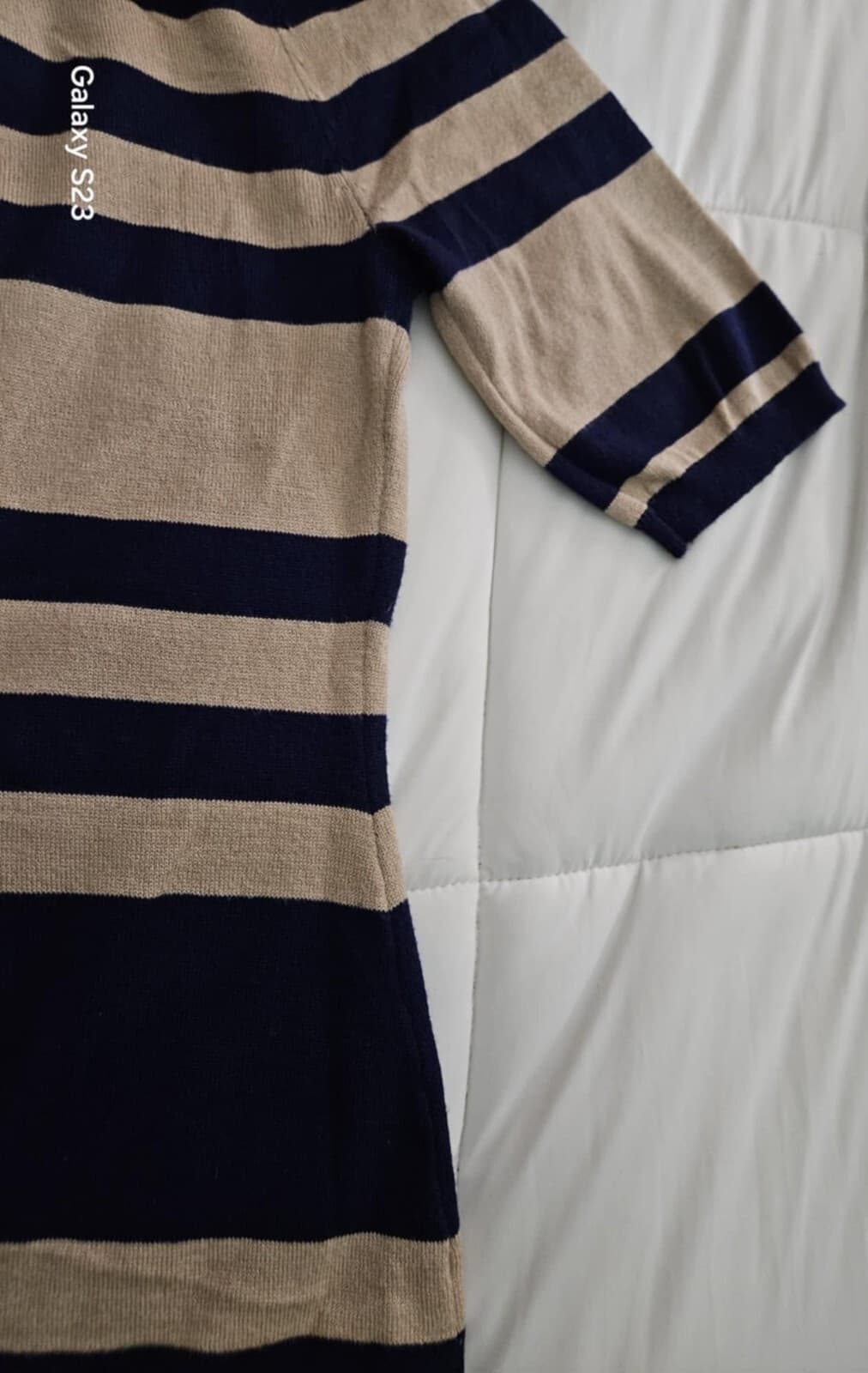 Allison Brittney Women's Short Sleeve Knit Striped Sweater Dress Medium Blue Tan - Thumbnail 6