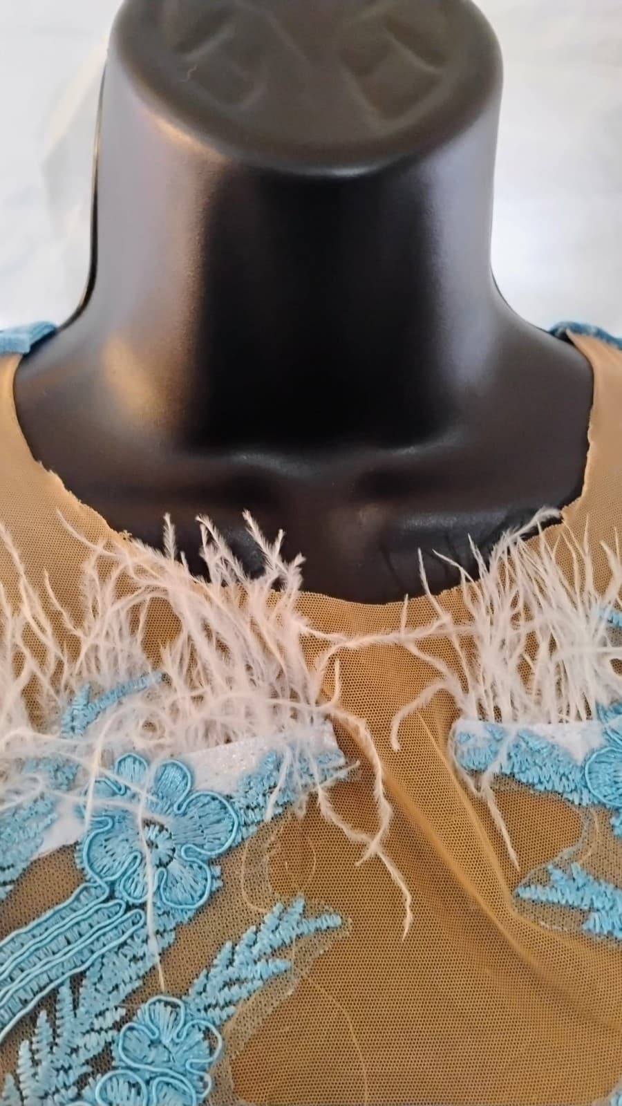 Women’s Blue Feather Trim Velvet strapless Tube Mini Lined Dress size large NWT - Thumbnail 10