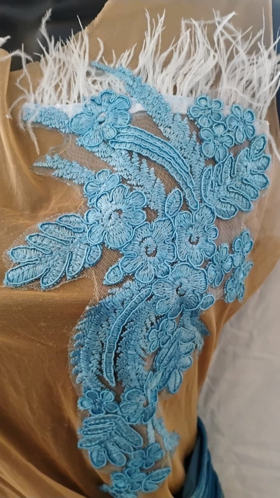 Women’s Blue Feather Trim Velvet strapless Tube Mini Lined Dress size large NWT - Thumbnail 5