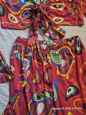 Women's 2 Piece Outfit Multi Color Medium Crop Tie Top Flare Legs Beach Wear - Thumbnail 4