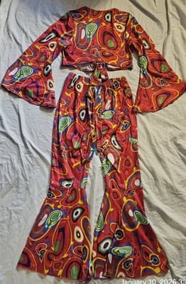Women's 2 Piece Outfit Multi Color Medium Crop Tie Top Flare Legs Beach Wear - Thumbnail 6