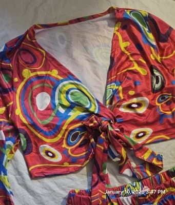 Women's 2 Piece Outfit Multi Color Medium Crop Tie Top Flare Legs Beach Wear - Thumbnail 8