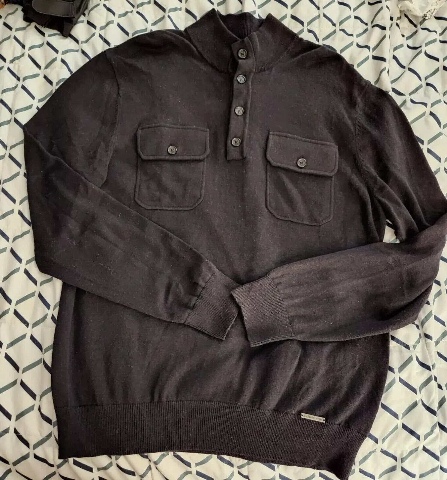 Michael Kors Women's Black Pullover Sweater Large Button Top Shirt Pockets