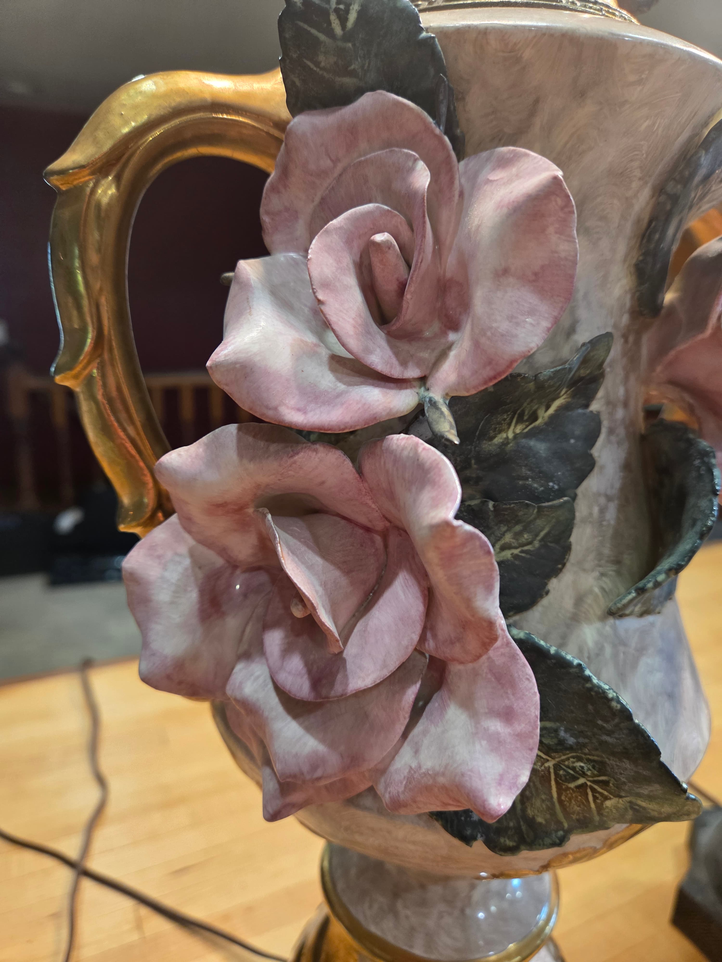Vintage Capodimonte Style Porcelain Table Lamps 3D Pink Roses Gold Trim Pair - Thumbnail 6