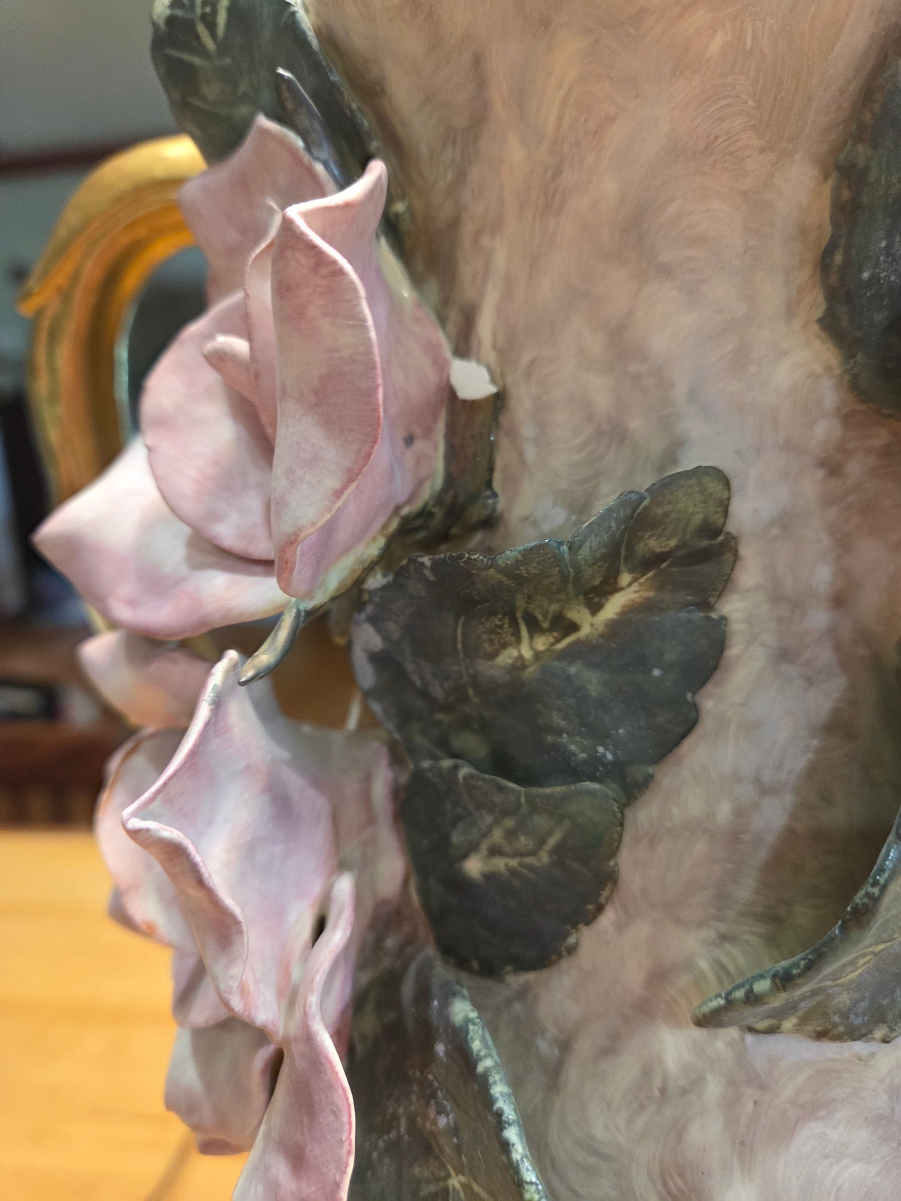 Vintage Capodimonte Style Porcelain Table Lamps 3D Pink Roses Gold Trim Pair - Thumbnail 7