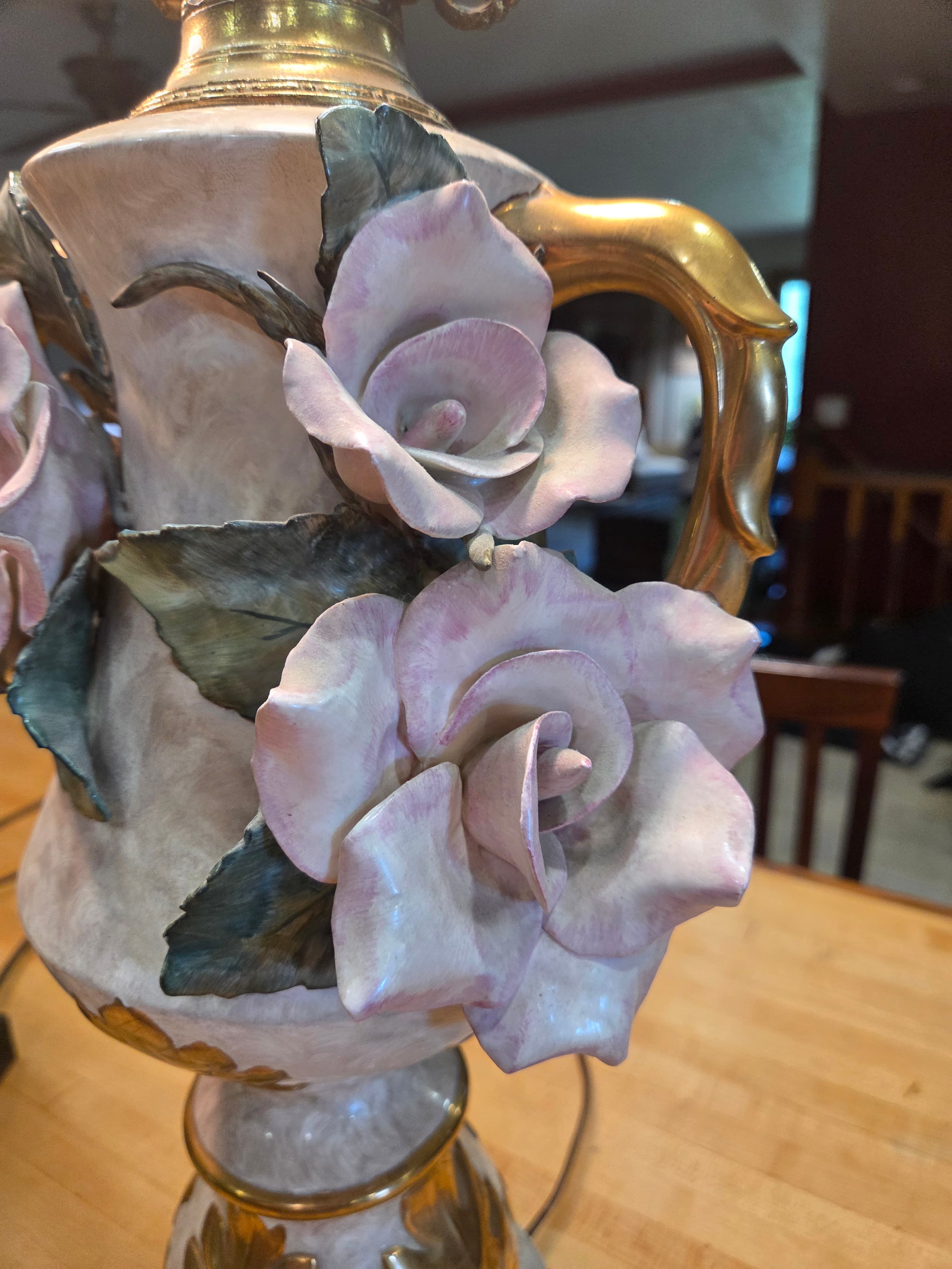 Vintage Capodimonte Style Porcelain Table Lamps 3D Pink Roses Gold Trim Pair - Thumbnail 20