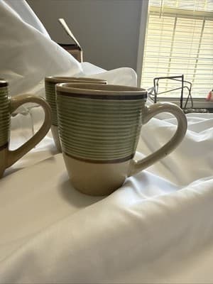 (6) Gibson Retreat Green Mugs Set Embossed Rings Rim Brown Trim Coffee Cups Lot - Thumbnail 2
