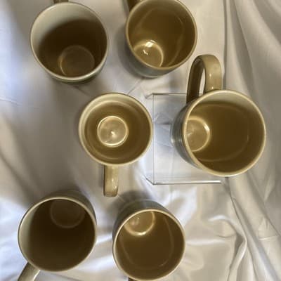 (6) Gibson Retreat Green Mugs Set Embossed Rings Rim Brown Trim Coffee Cups Lot - Thumbnail 3