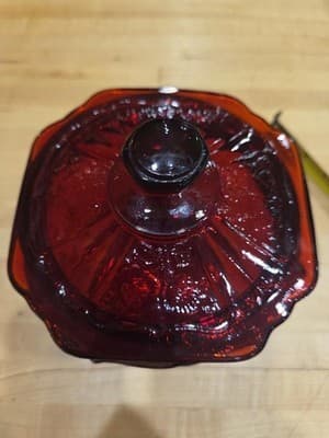 Vintage Amberina Ruby Red Glass Mayfair Open Rose Biscuit Jar Lid 7" UV Glow - Thumbnail 3