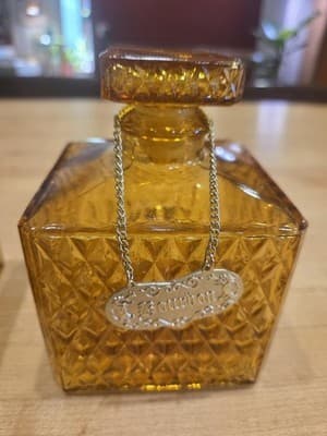 Vintage MCM Amber Glass Diamond Point Decanter Set with Shot Glasses Tags - Thumbnail 2