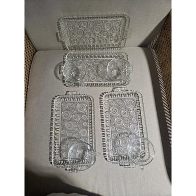 Vintage Anchor Hocking Colonial Lady Snack Set 4 Trays 4 Cups MCM Clear Glass